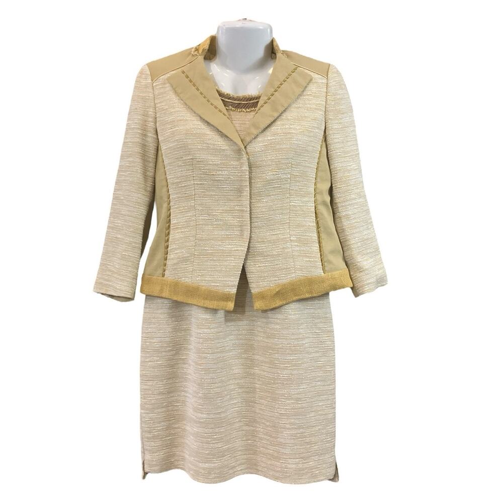 Elie Tahari Women's Gold Nested Tweed Beaded Lined Back Zip Jacket Dress SZ 4